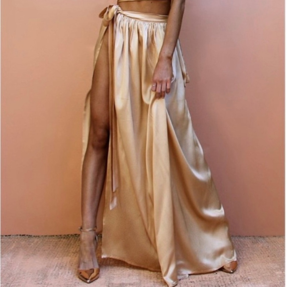 Sisters the label gold silk wrap slit leg maxi skirt